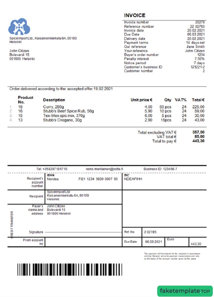 Feature of fake Finland SpiceImport Ltd invoice example